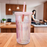 Vaso de Cristal con Tapa y Popote, Tornasol Color Rosa, 480 ml