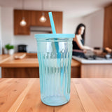 Vaso de Cristal con Tapa y Popote, Tornasol Color Azul, 480 ml