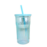 Vaso de Cristal con Tapa y Popote, Tornasol Color Azul, 480 ml