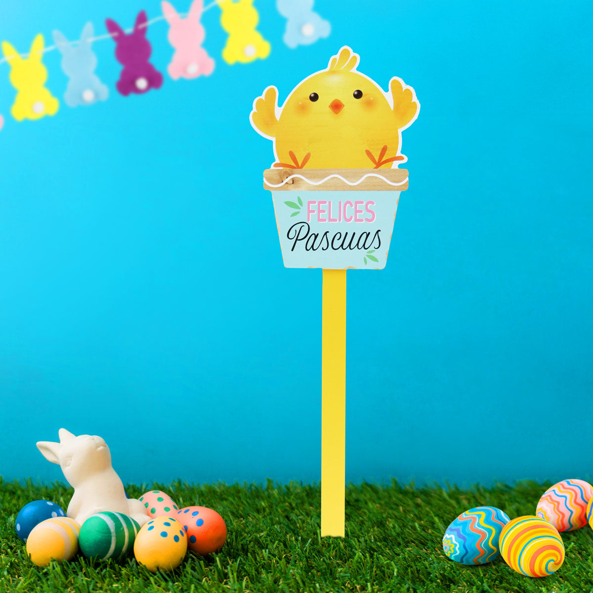 Estaca Decorativa "Felices Pascuas" Diseño Pollito