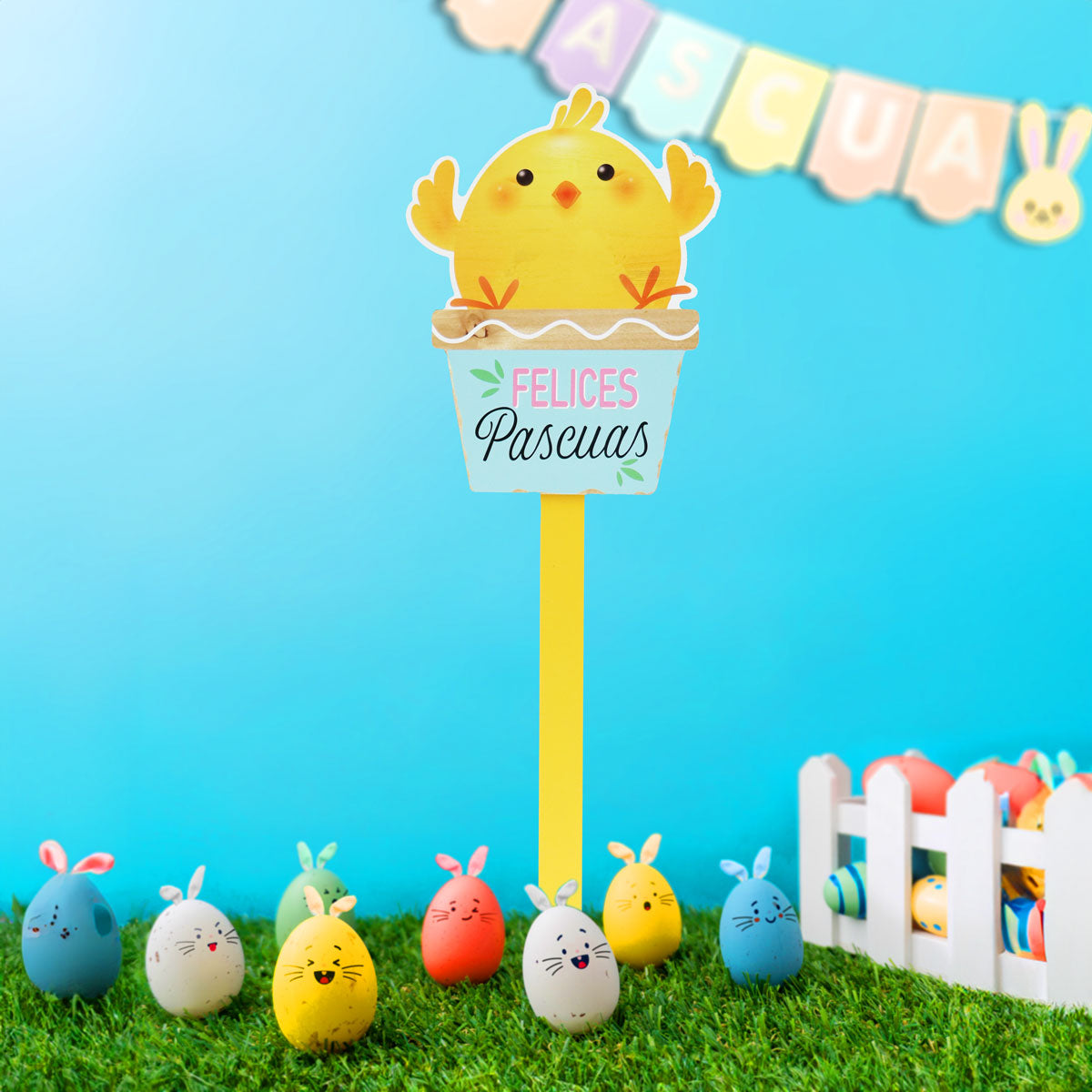 Estaca Decorativa "Felices Pascuas" Diseño Pollito