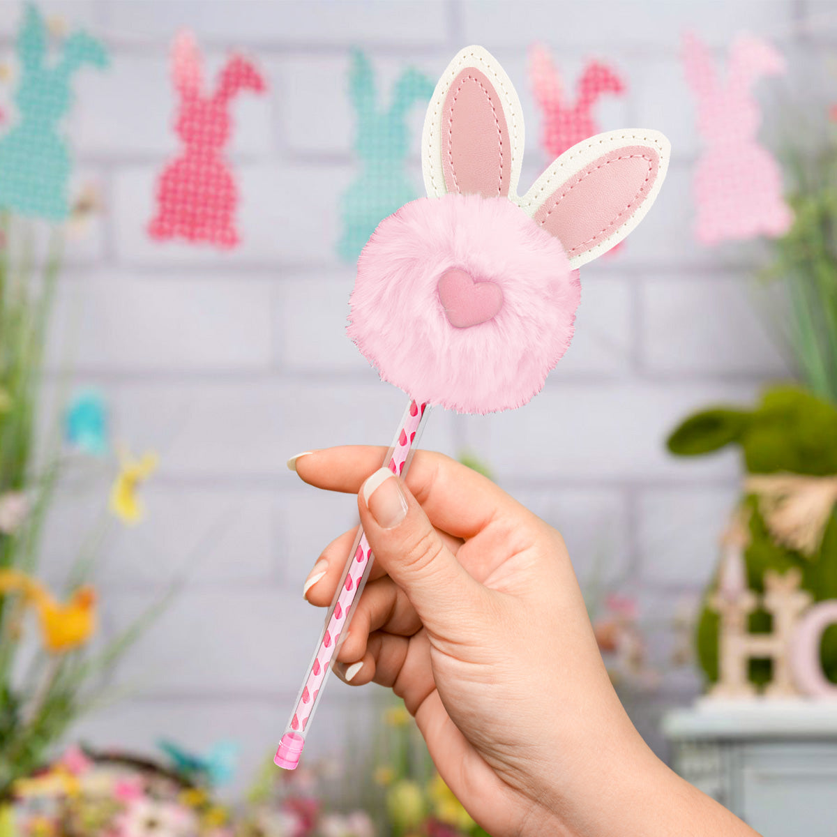 Pluma con Pompón Rosa en Forma de Conejito