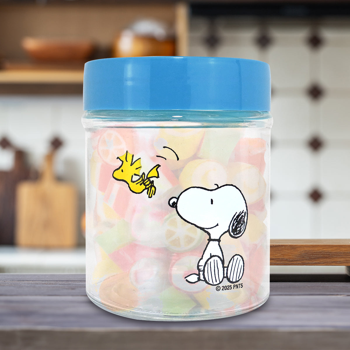 Frasco de Vidrio con Tapa, Snoopy y Emilio, Capacidad 330 ml