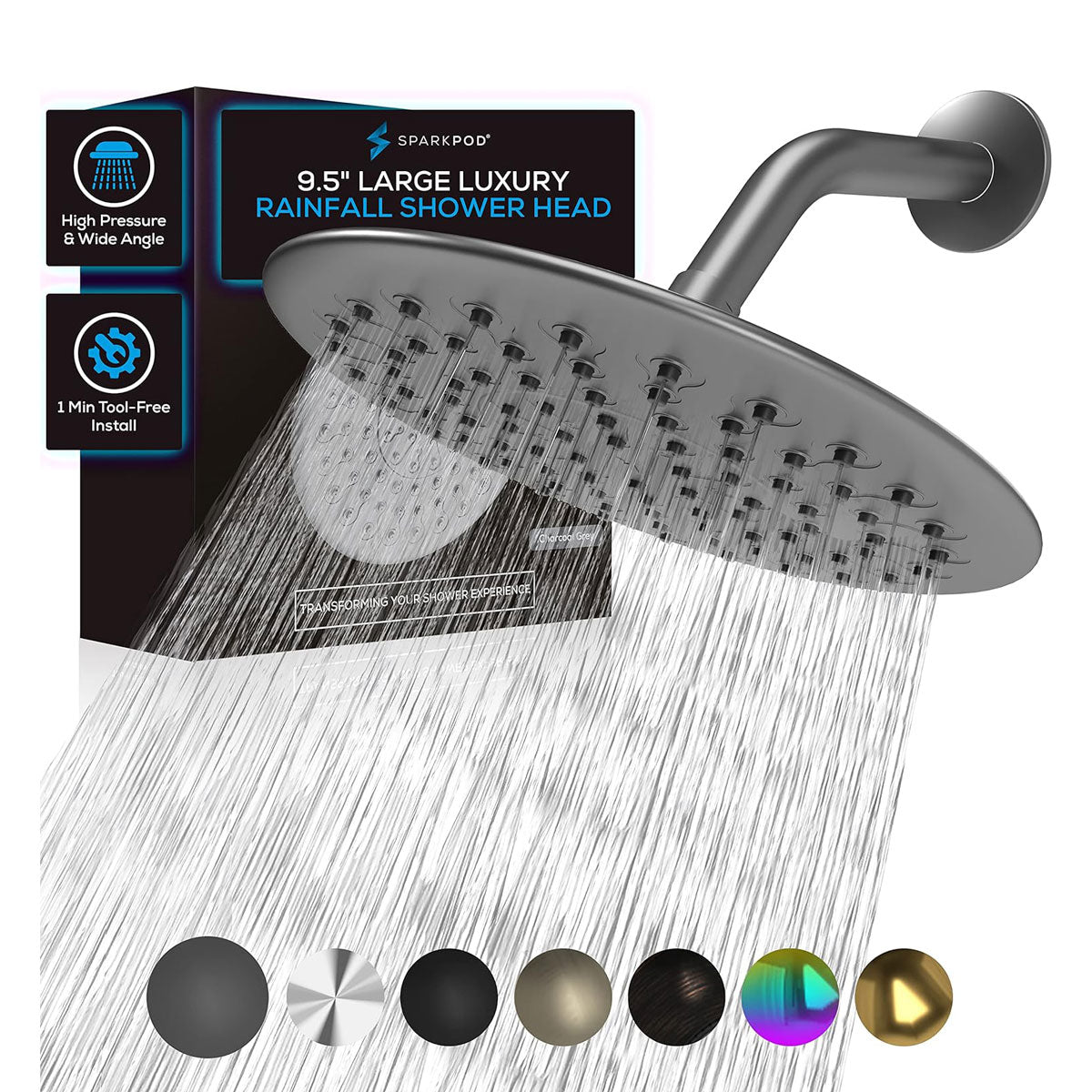 Cabezal de Ducha de Lluvia Grande color Negro Mate, SparkPod