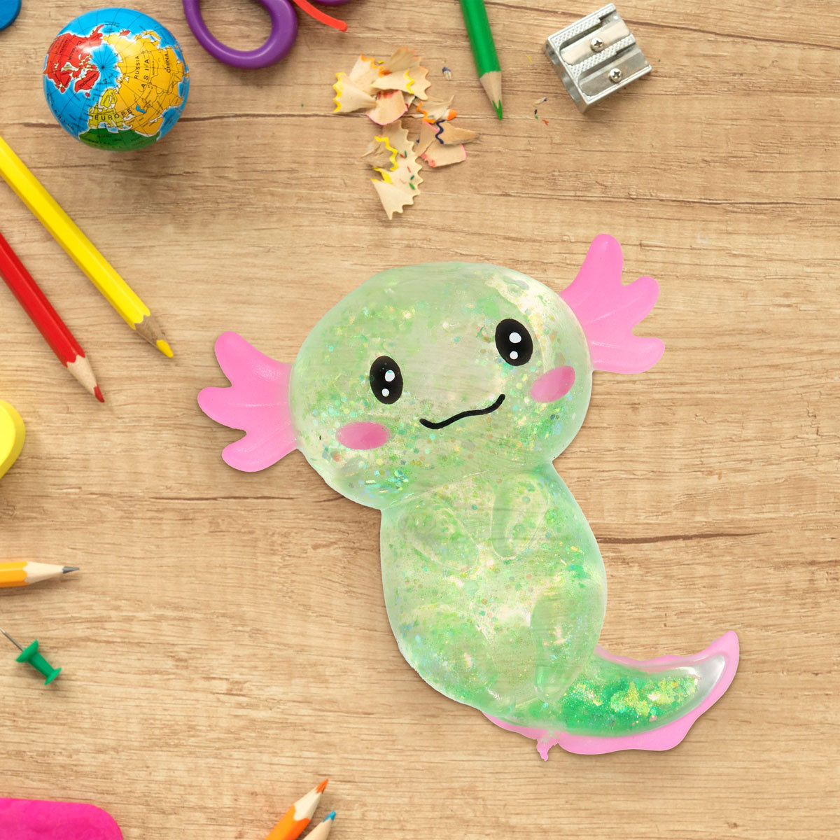 Squishy Ajolote con Glitter, Color Verde