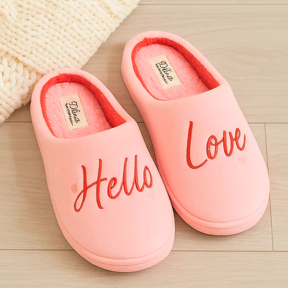 Pantuflas, Color Rosa, Diseño "Hello-Love"