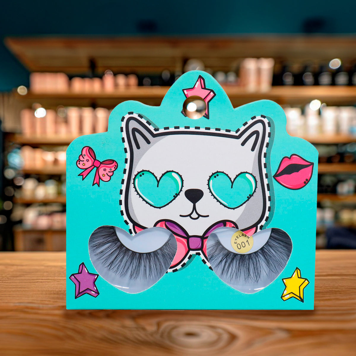 Pestañas Postizas, Empaque Aqua de Gatito con Corazones