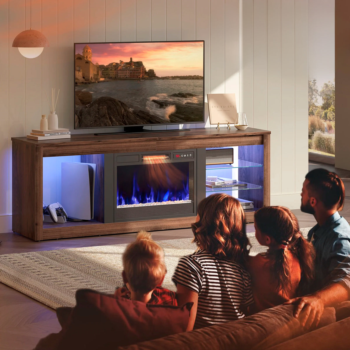 Mueble Moderno para TV con Chimenea Eléctrica y Luces LED, Bestier
