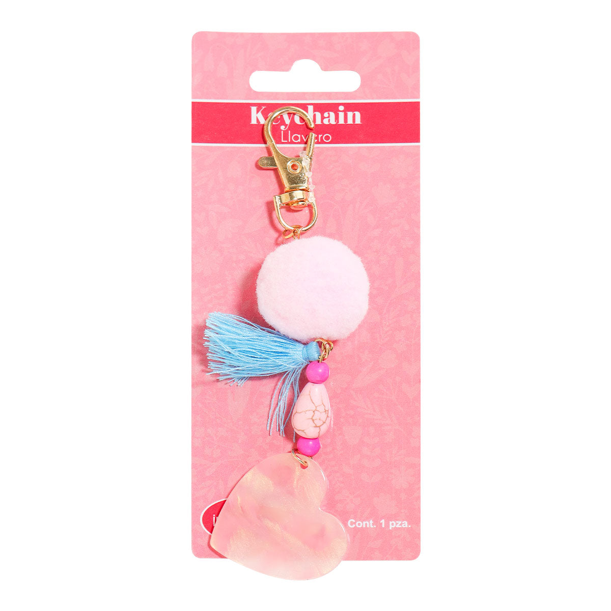 Llavero de Corazón con Pompón, Color Azul, Inkanto