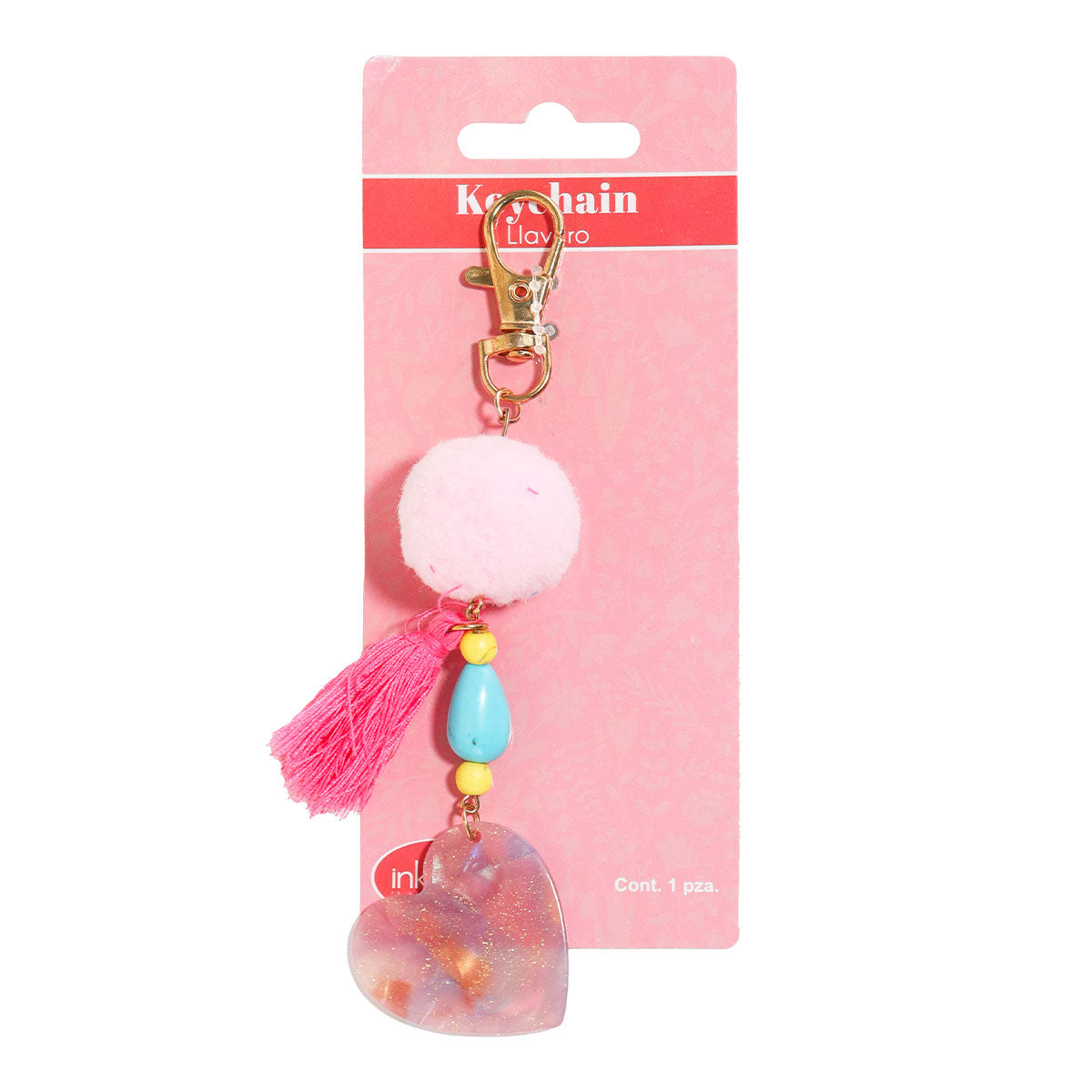 Llavero de Corazón con Pompón, Color Rosa, Inkanto