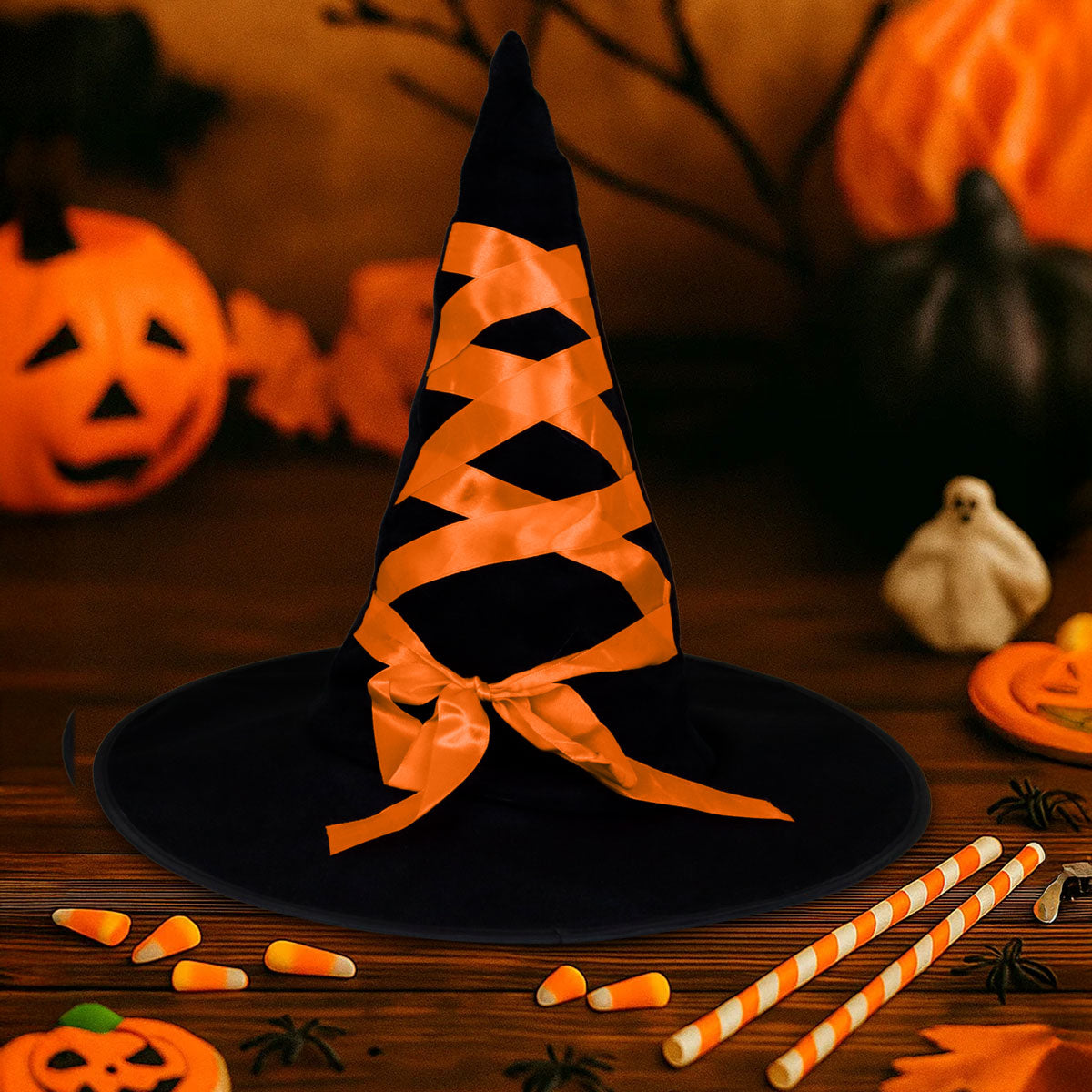 Sombrero de Bruja Negro Decorado con Listón Naranja