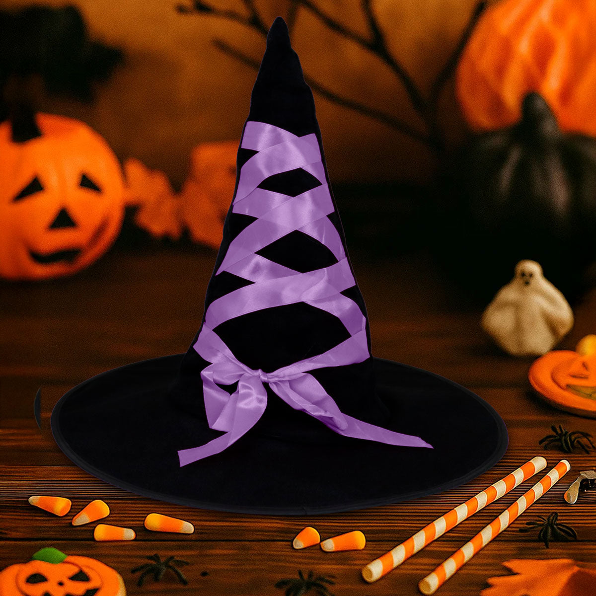 Sombrero de Bruja Negro Decorado con Listón Lila