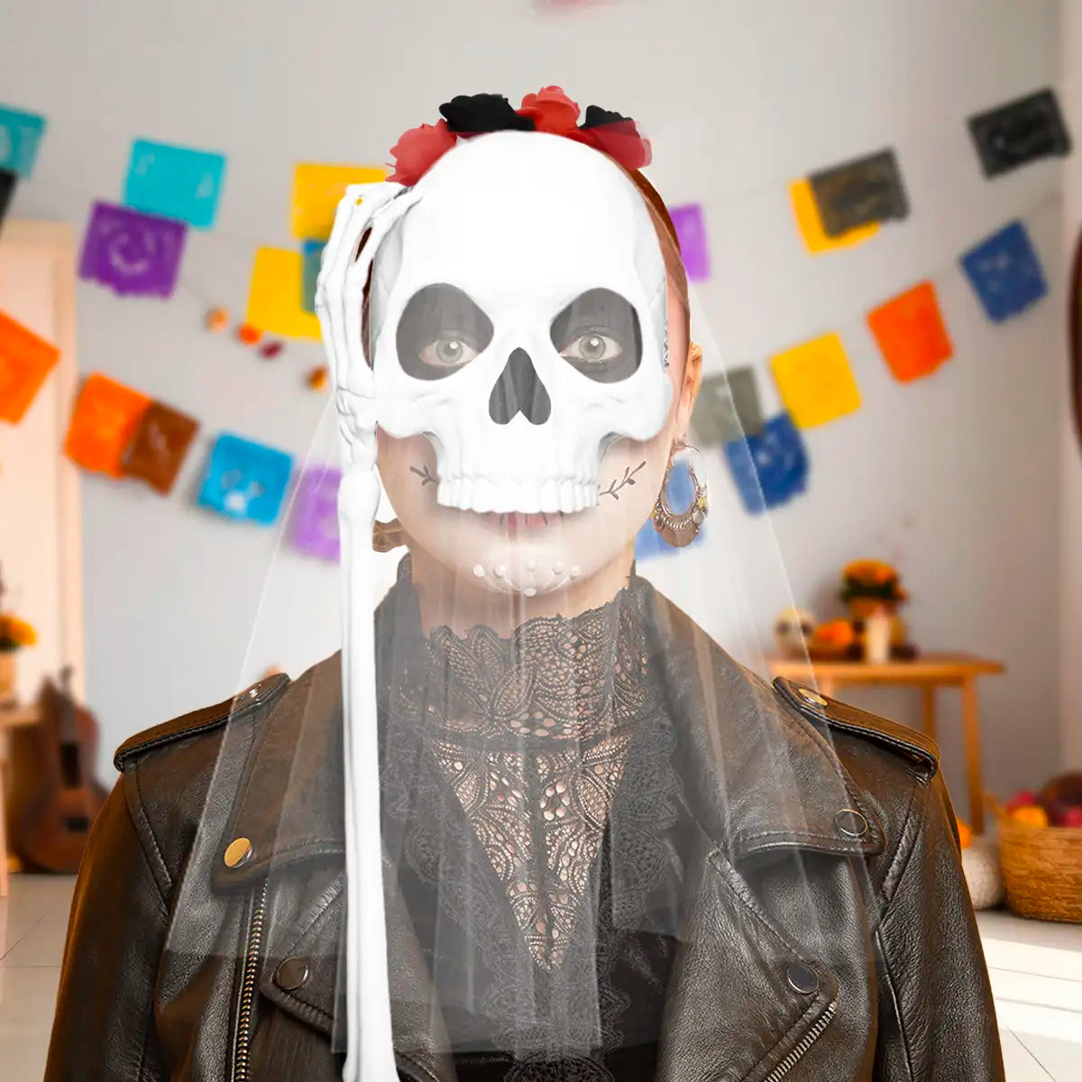 Media Máscara, Cráneo con Velo, Disfraz de Halloween