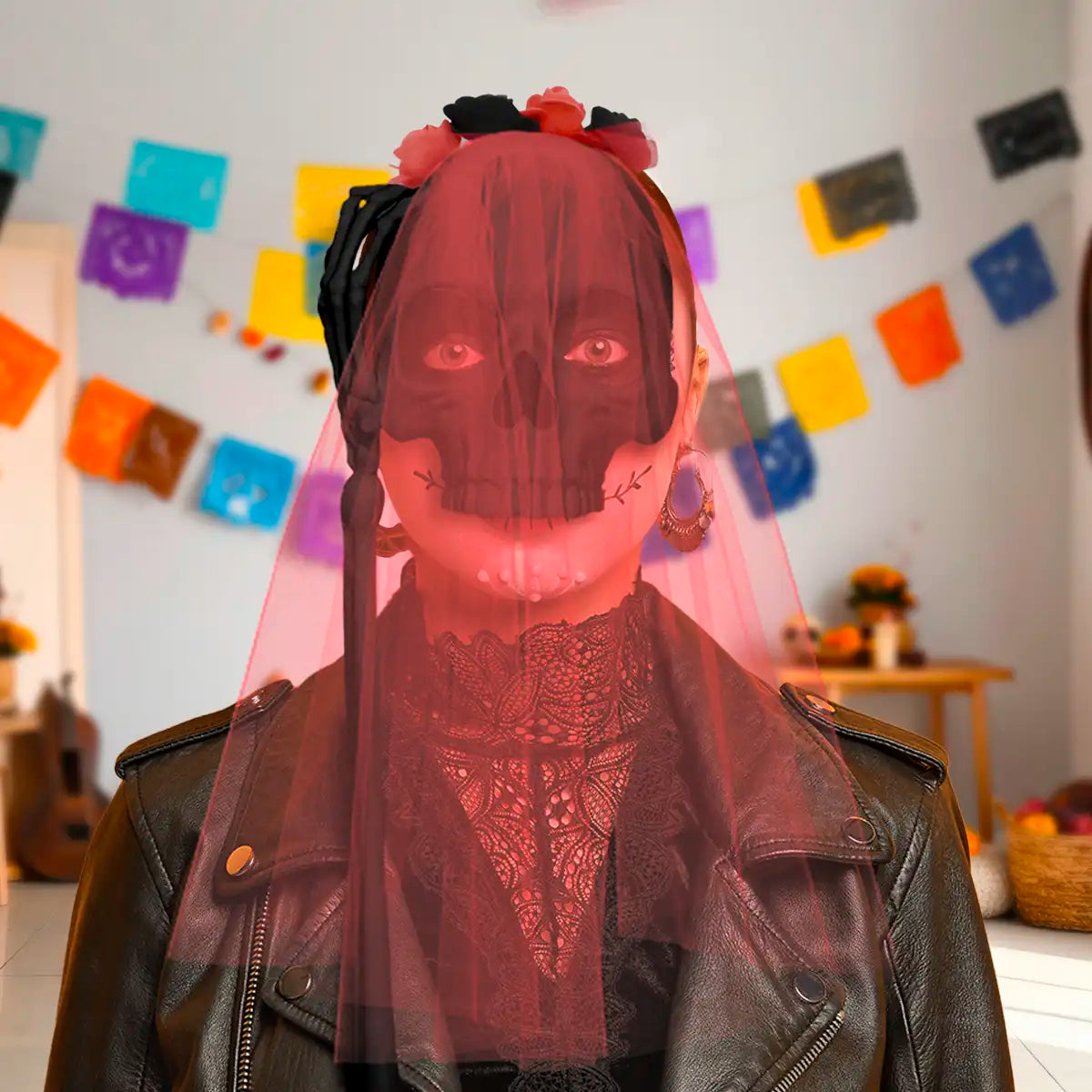 Media Máscara, Cráneo Negro con Velo, Disfraz de Halloween