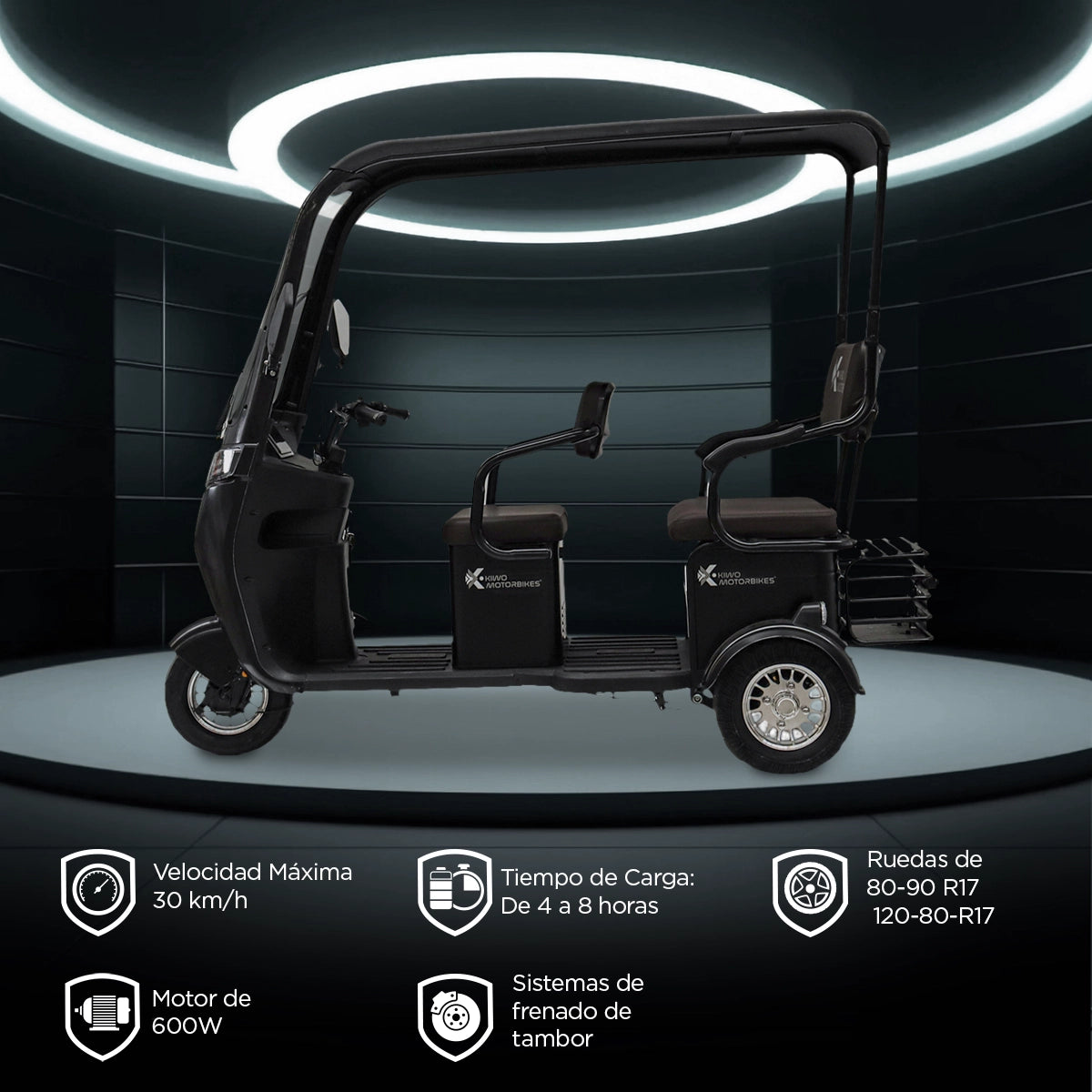 Kiwo, Triciclo Eléctrico con Techo, Modelo BTY002, Color Negro