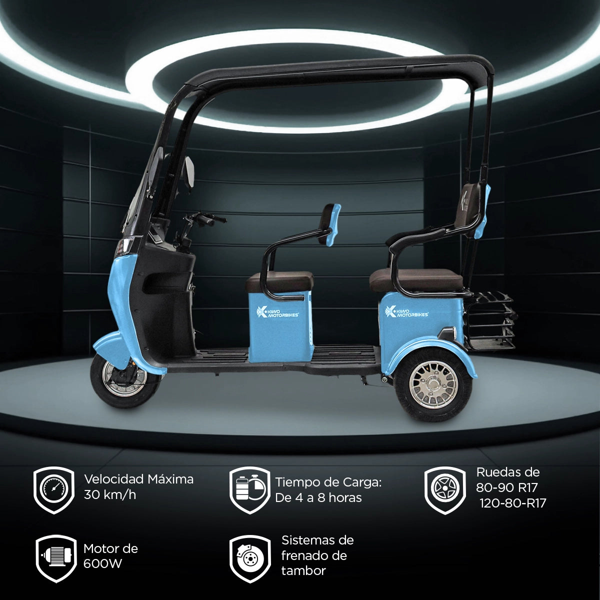 Kiwo, Triciclo Eléctrico con Techo, Modelo BTY002, Color Azul Cielo