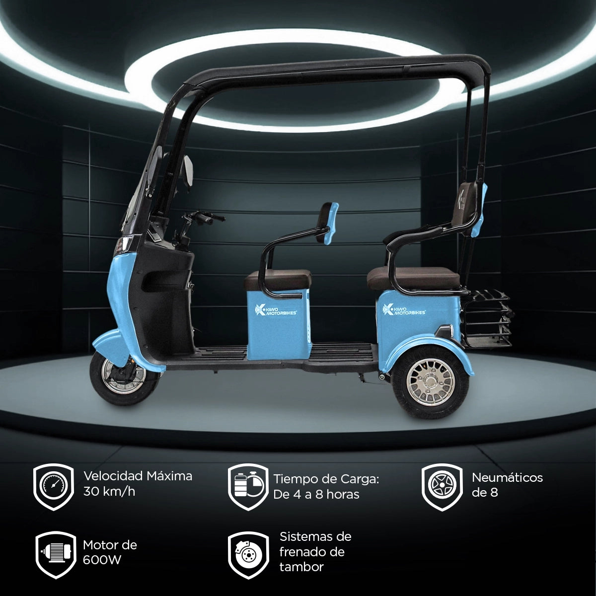 Kiwo, Triciclo Eléctrico con Techo, Modelo BTY002, Color Azul Cielo