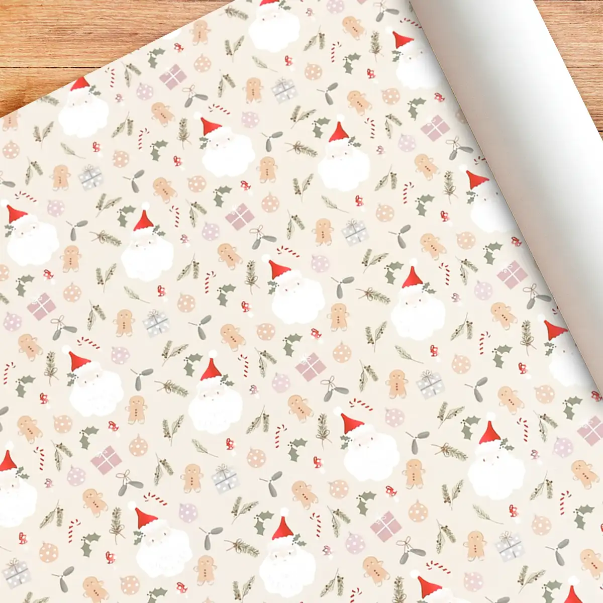 Papel para Envolver Regalos Navideño, Santa Claus, Color Beige