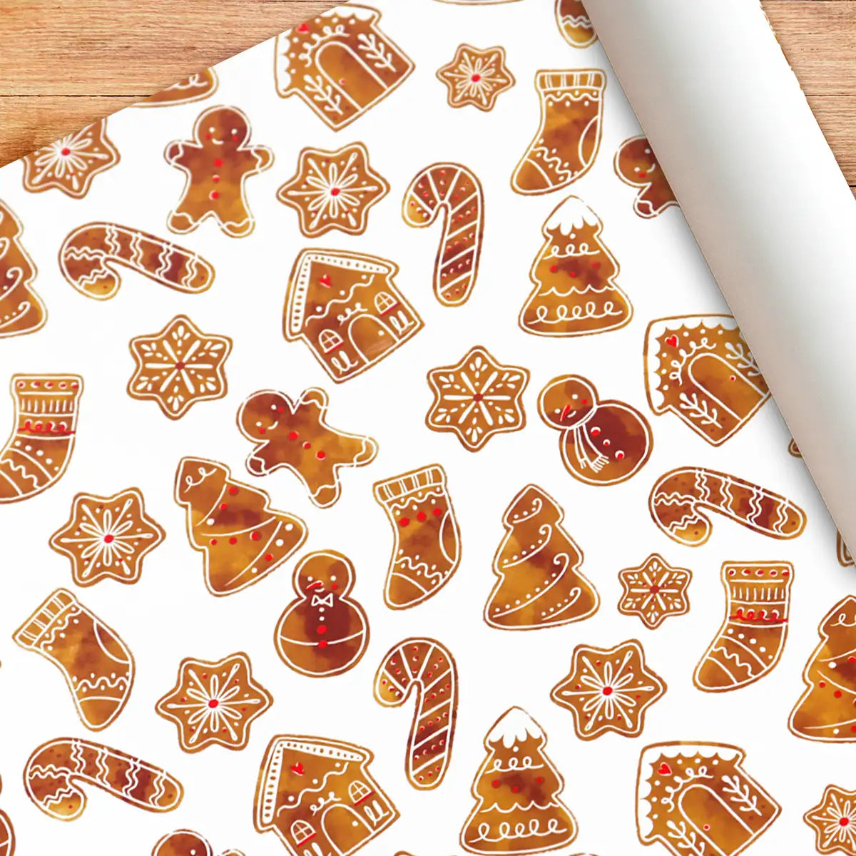Papel para Envolver Regalos Navideño, Galletas de Jengibre, Color Blanco
