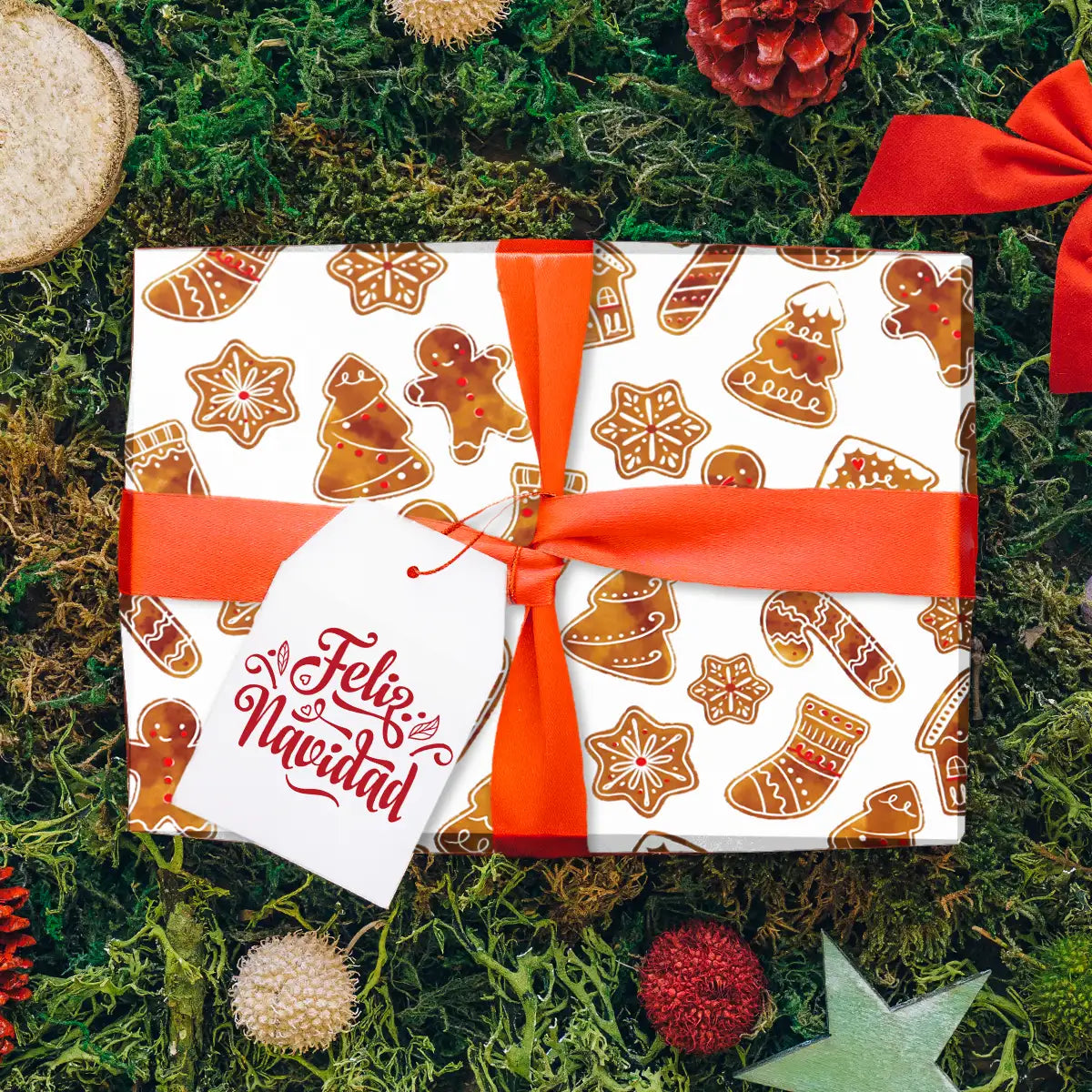 Papel para Envolver Regalos Navideño, Galletas de Jengibre, Color Blanco