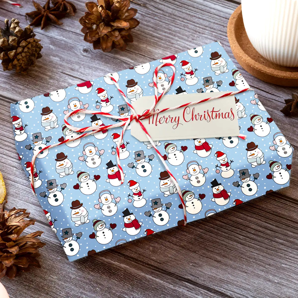 Papel para Envolver Regalos Navideño, Muñeco de Nieve, Color Azul