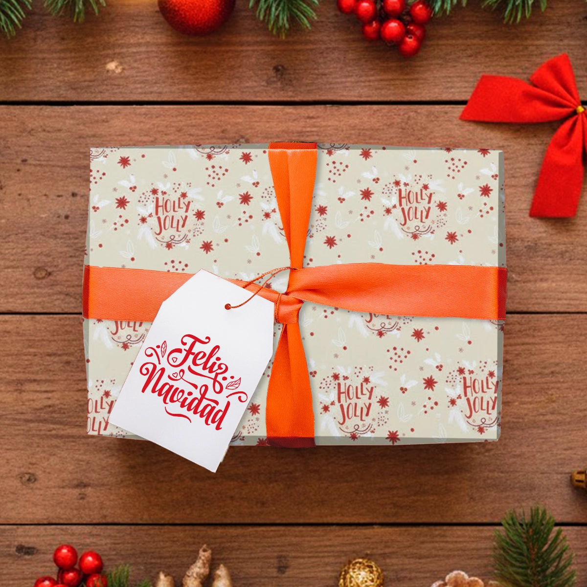 Papel para Envolver Regalos Navideño, Diseño Holly Jolly