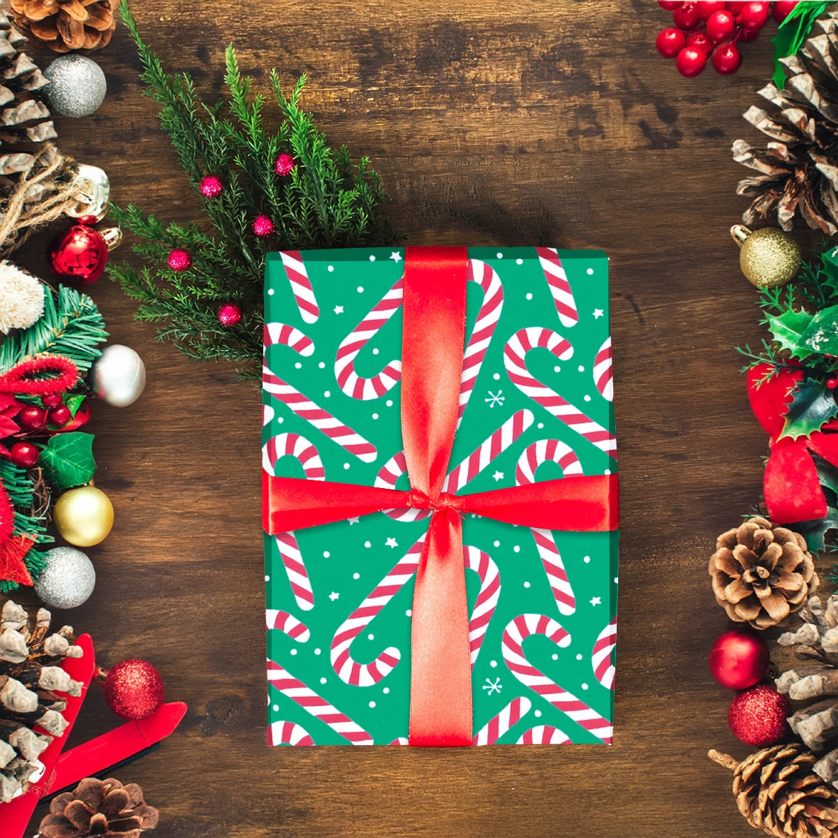 Papel Navideño para Envolver Regalos, Bastones, Color Verde