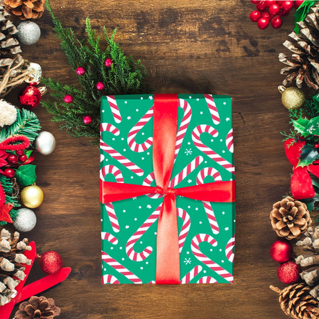 Papel Navideño para Envolver Regalos, Bastones, Color Verde