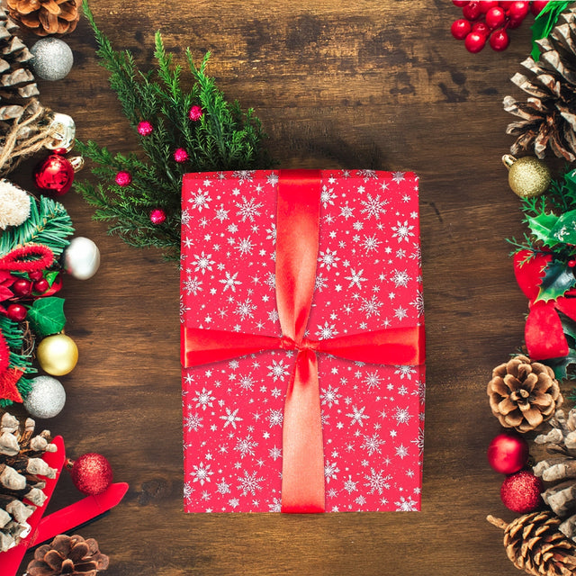 Papel Navideño para Envolver Regalos, Copos de Nieve, Color Rojo