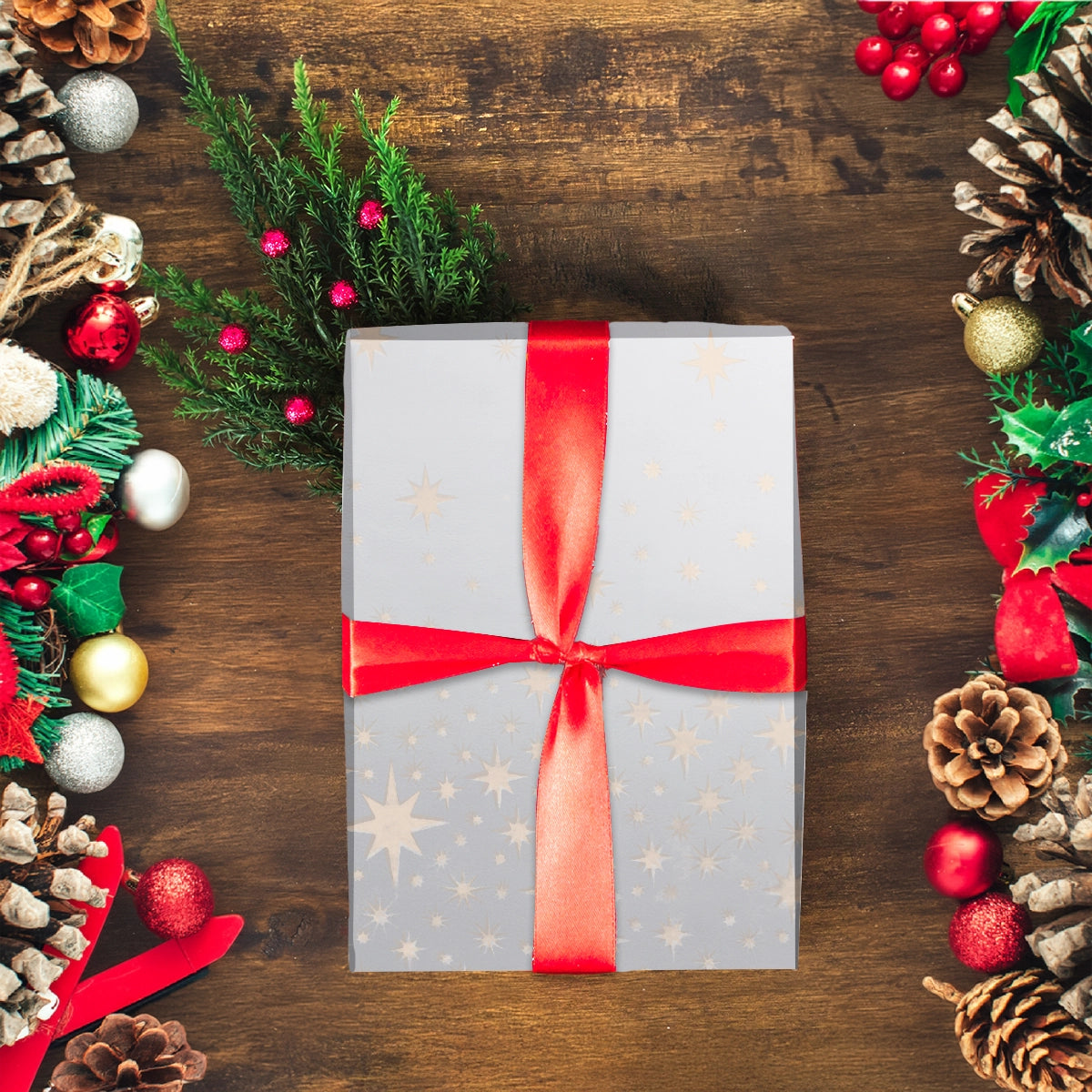 Papel Navideño para Envolver Regalos, Estrellas, Color Plata