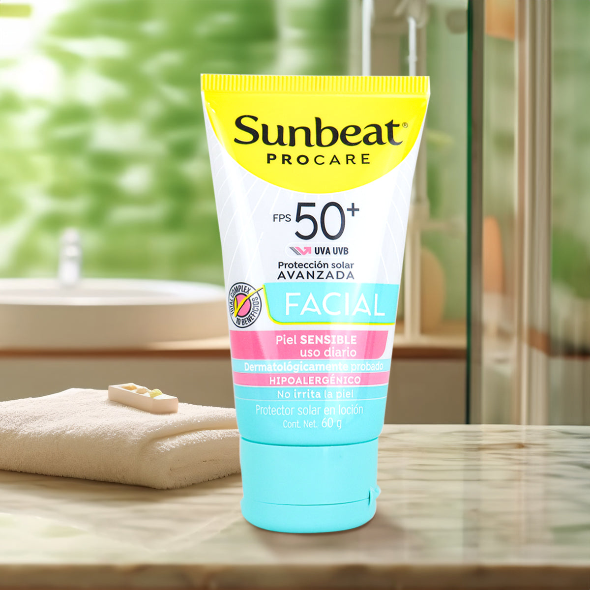 Bloqueador Solar Facial SUNBEAT Piel Sensible FPS 50+, 60 g