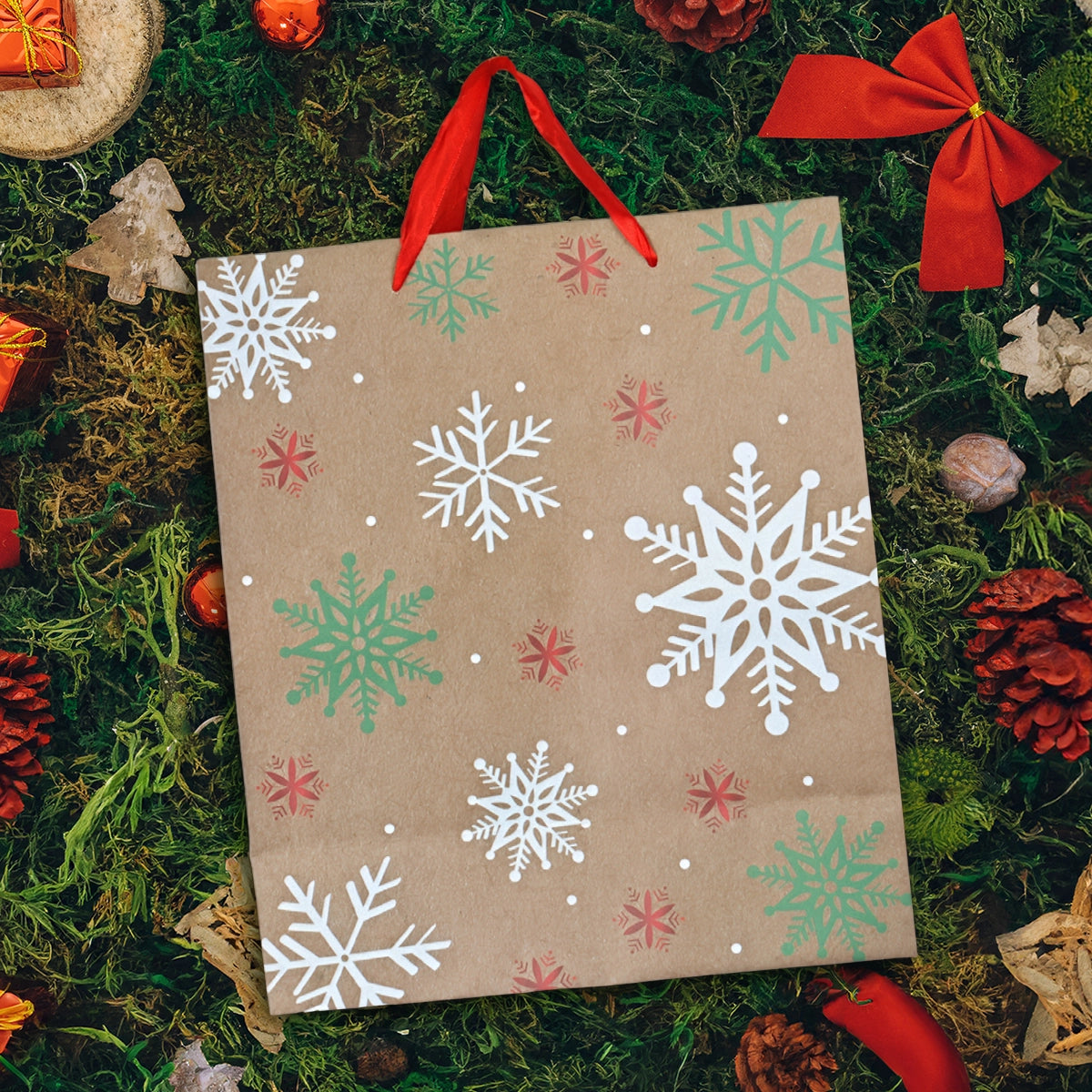 Bolsa de Regalo Navideña, Detalles Brillantes, Copos de Nieve