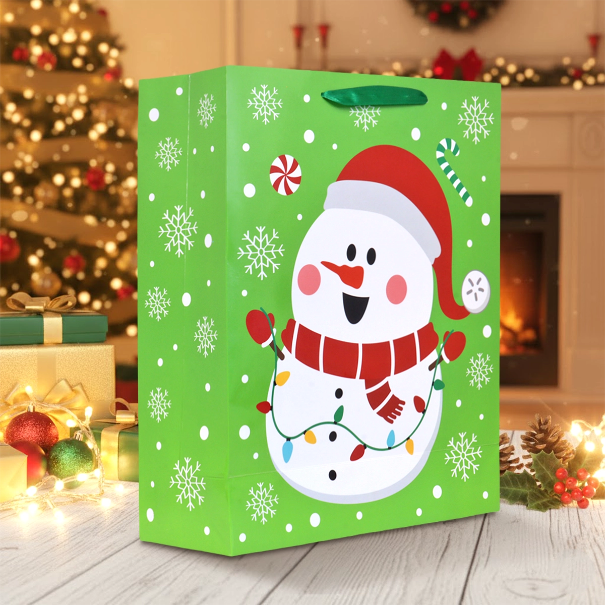 Bolsa de Regalo Navideña, Muñeco de Nieve, Color Verde
