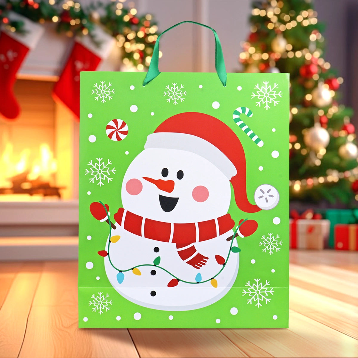 Bolsa de Regalo Navideña, Muñeco de Nieve, Color Verde