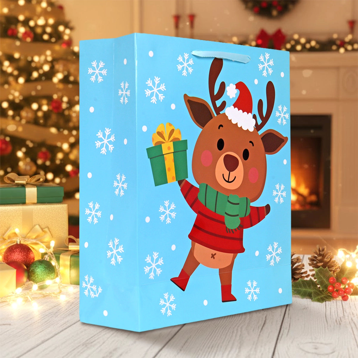 Bolsa de Regalo Navideña, Diseño Reno, Color Azul