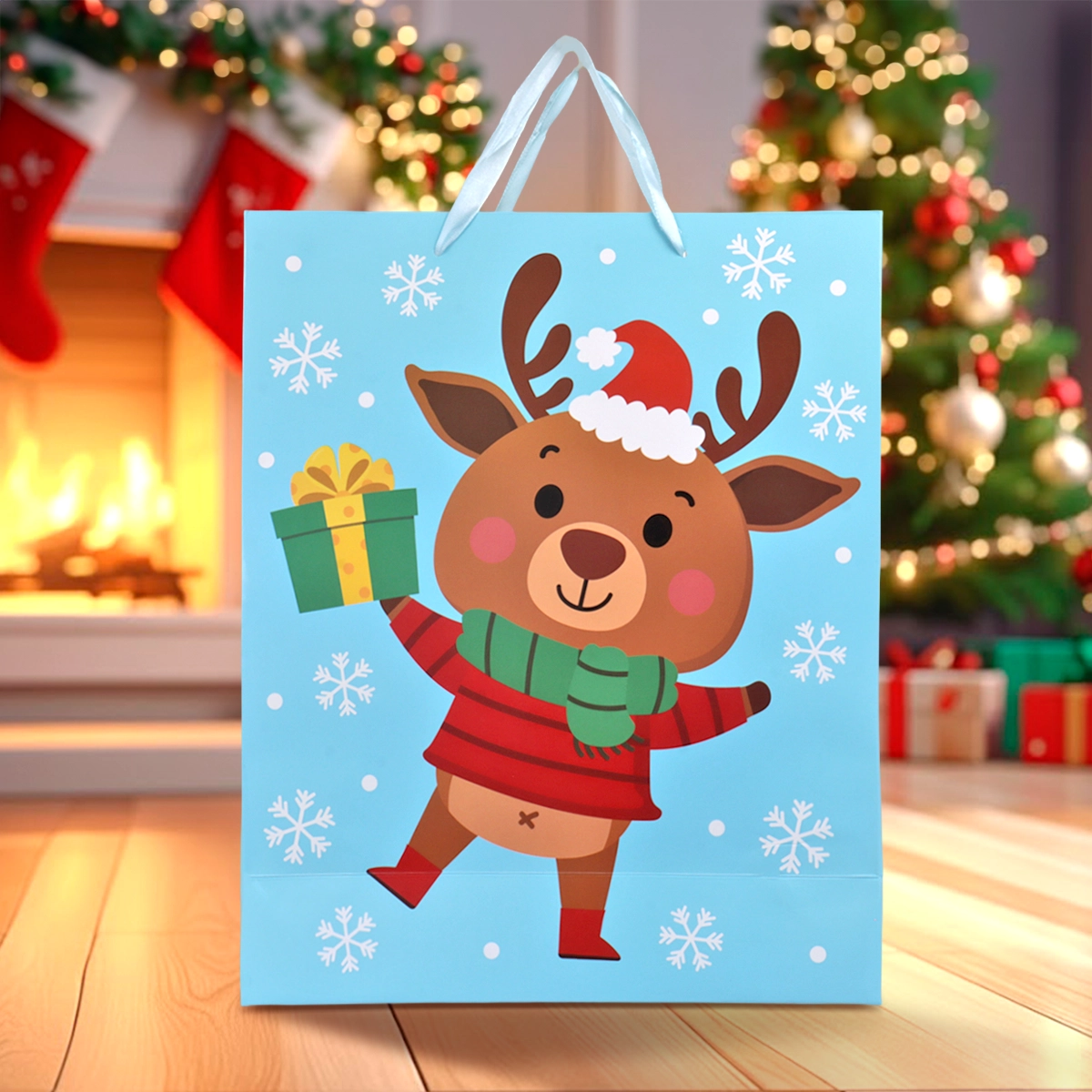 Bolsa de Regalo Navideña, Diseño Reno, Color Azul