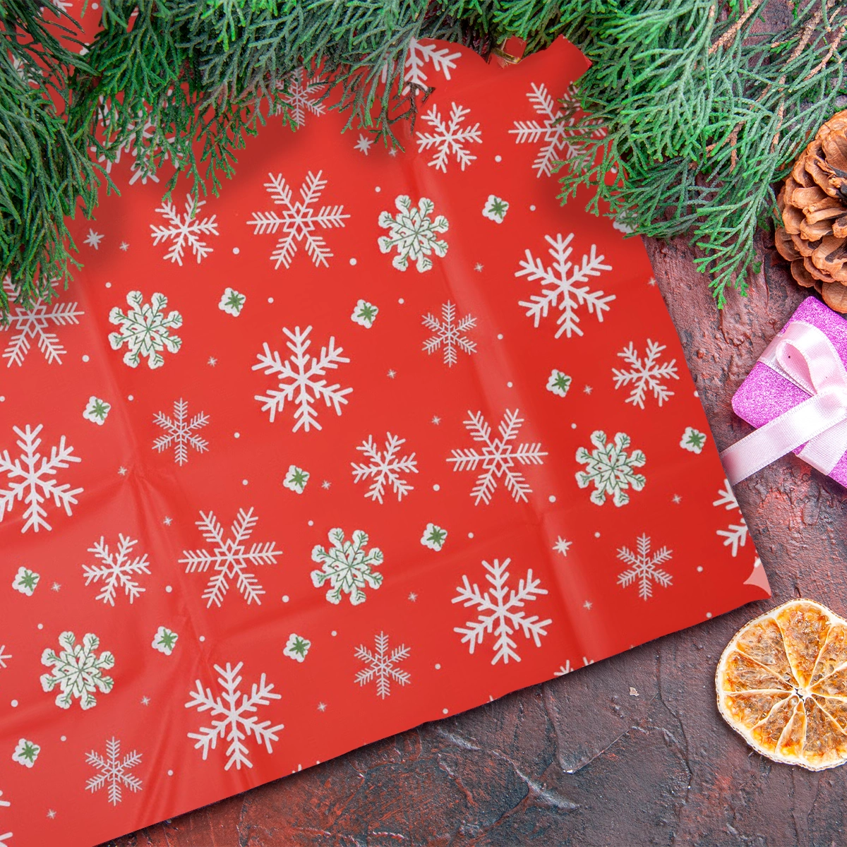 Mantel Navideño, Diseño Copos, Color Rojo