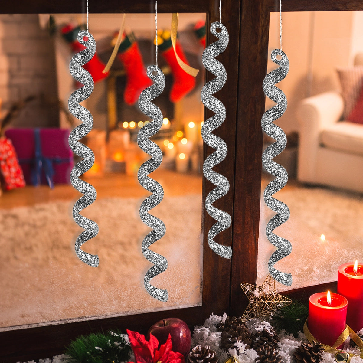 Ornamentos Navideños, Espiral, Color Plata, 4 pzas