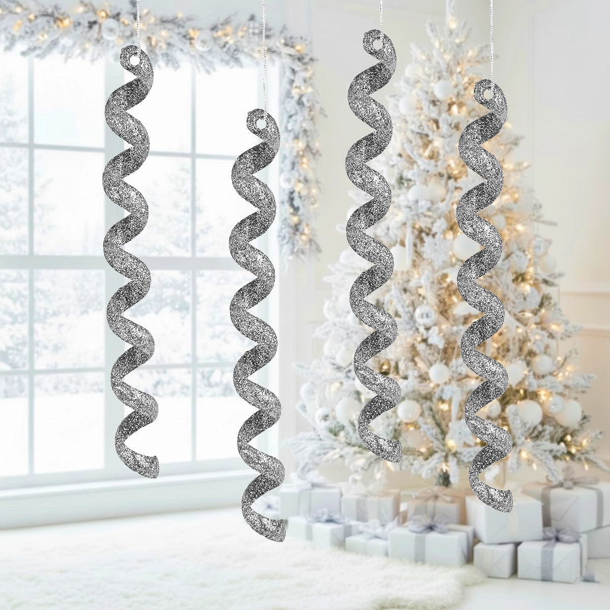 Ornamentos Navideños, Espiral, Color Plata, 4 pzas