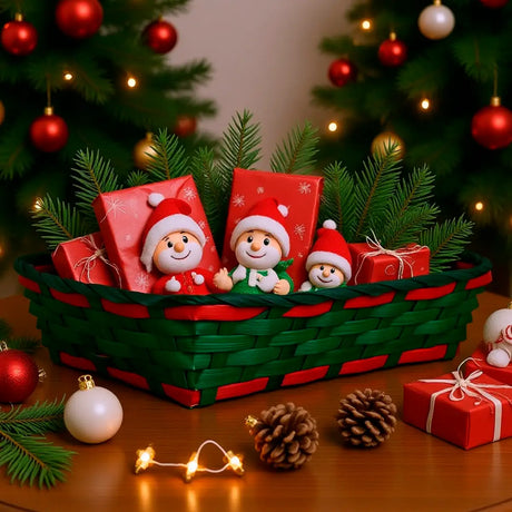 Canasta de Bamboo Navideña, Color Verde y Rojo, 20x30 cm