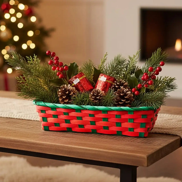 Canasta de Bamboo Navideña, Color Rojo, 20x30 cm