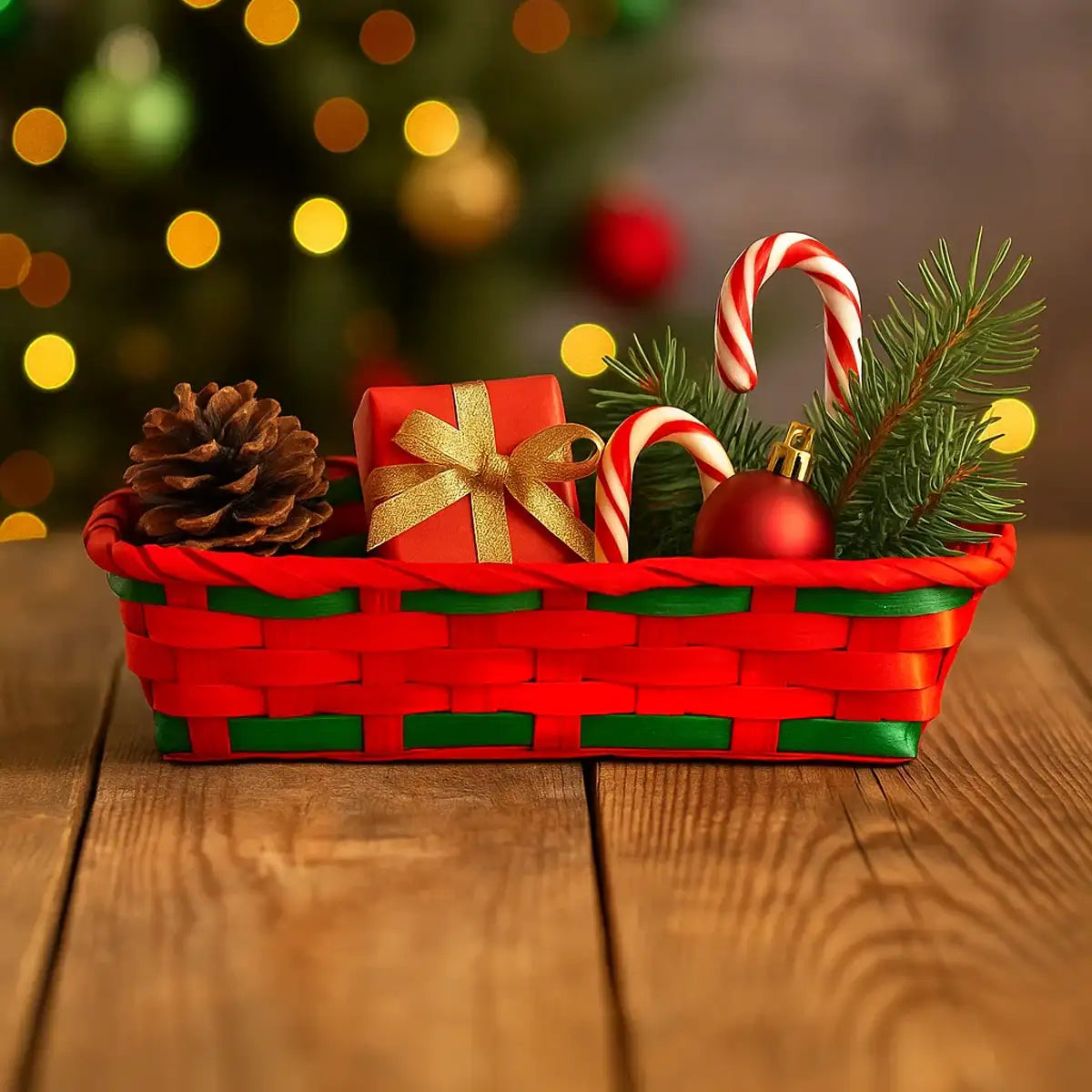 Canasta de Bamboo Navideña, Color Rojo y Verde, 20x30 cm