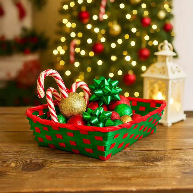 Canasta de Bamboo Navideña, Color Verde, 20x30 cm