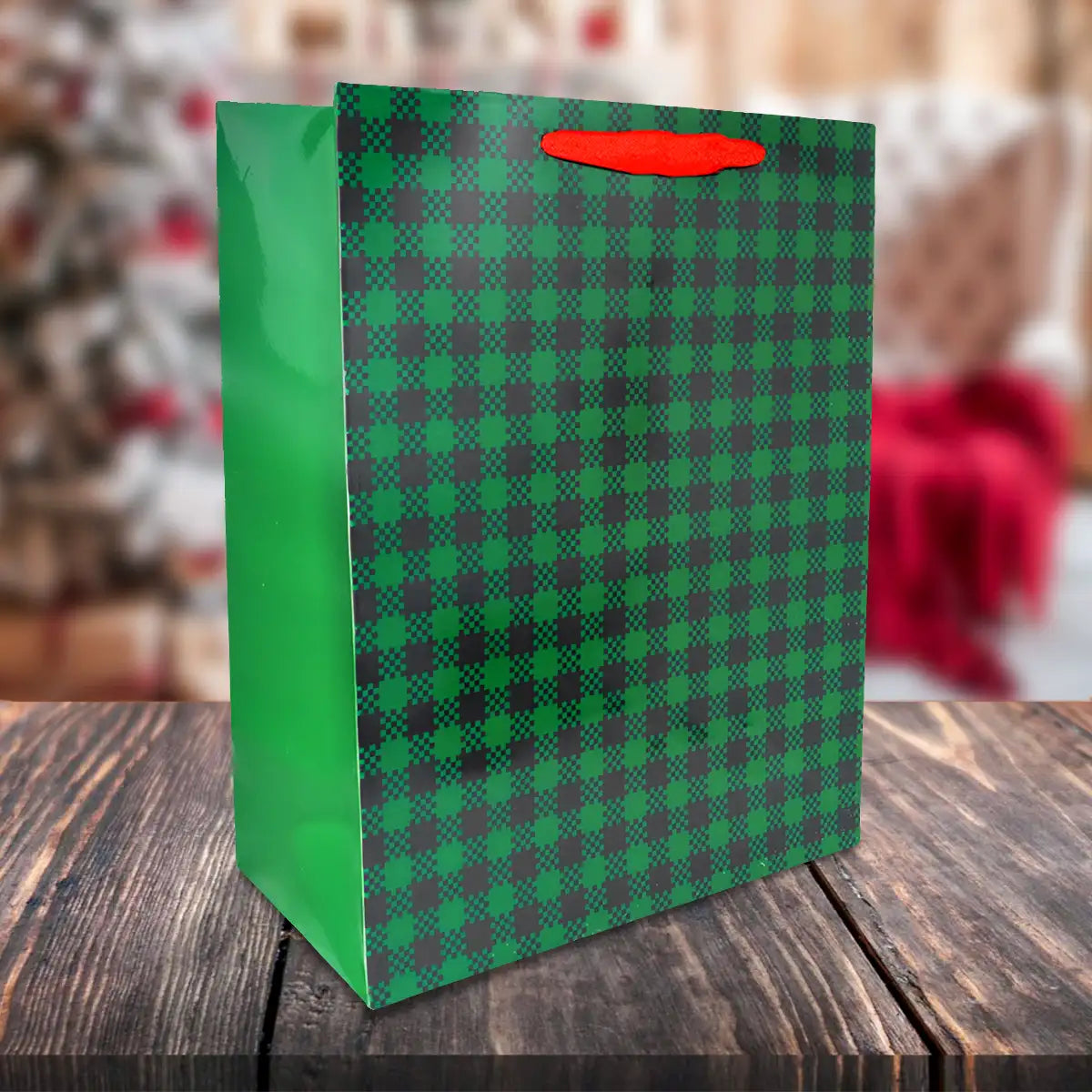 Bolsa de Regalo Navideña, Diseño Cuadros, Color Verde