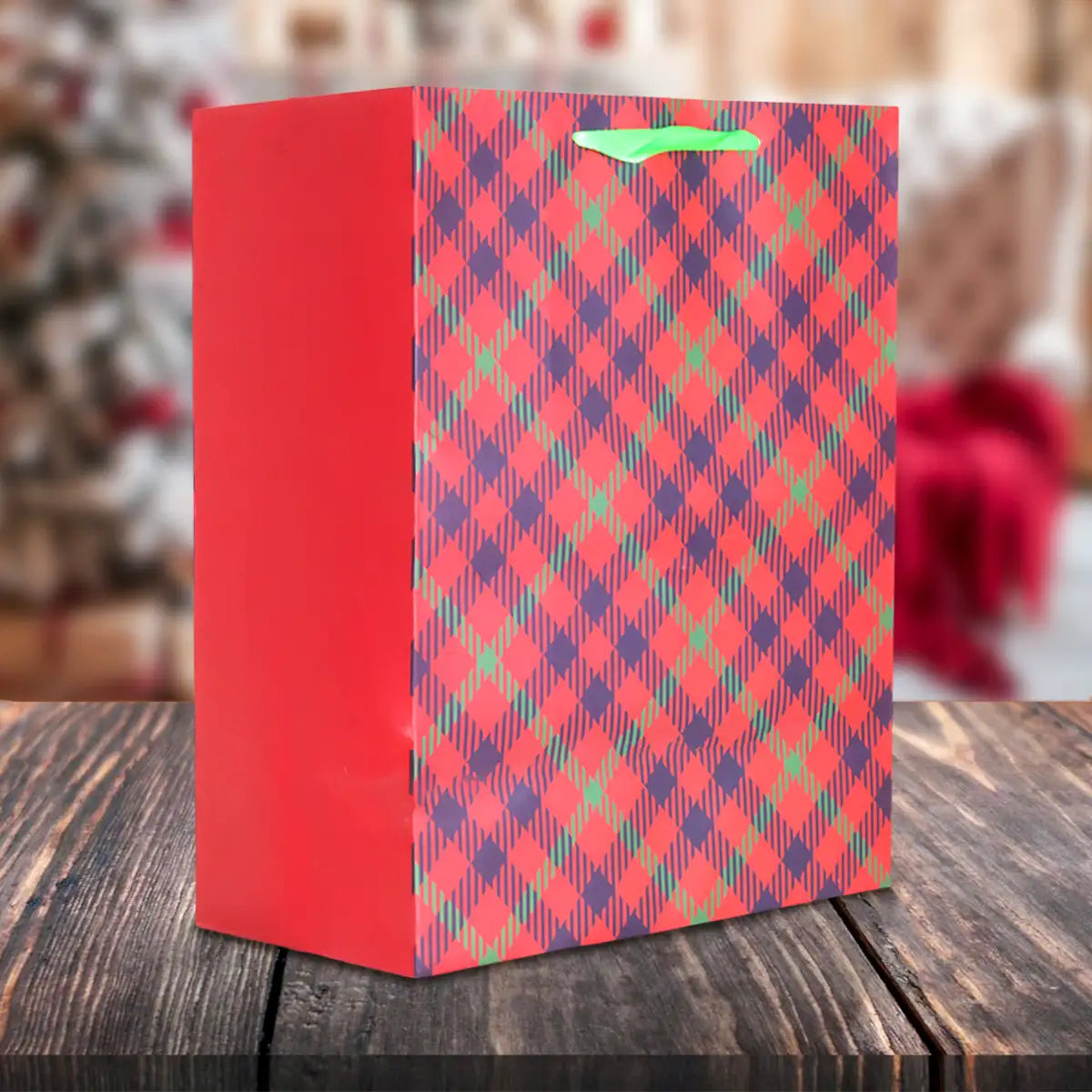 Bolsa de Regalo Navideña, Diseño Cuadros, Color Rojo