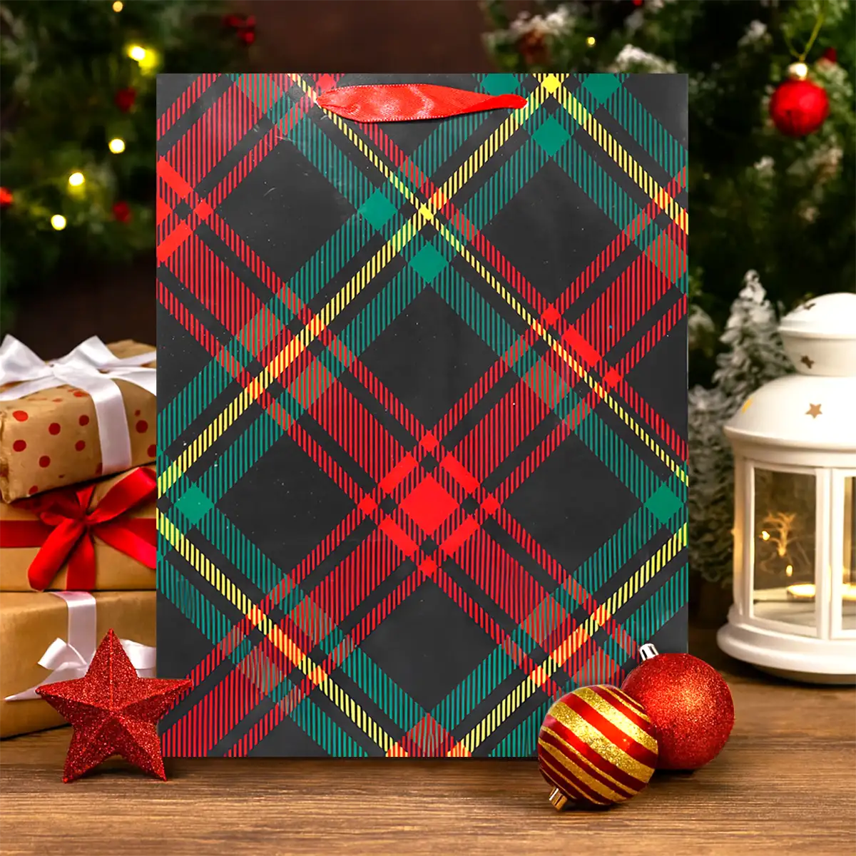 Bolsa de Regalo Navideña, Diseño Cuadros, Colores