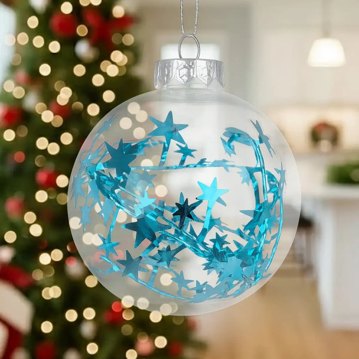 Esfera Navideña Redonda Transparente con Decoración Estrella, Color Azul
