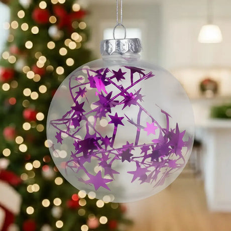 Esfera Navideña Redonda Transparente con Decoración Estrella, Color Morado