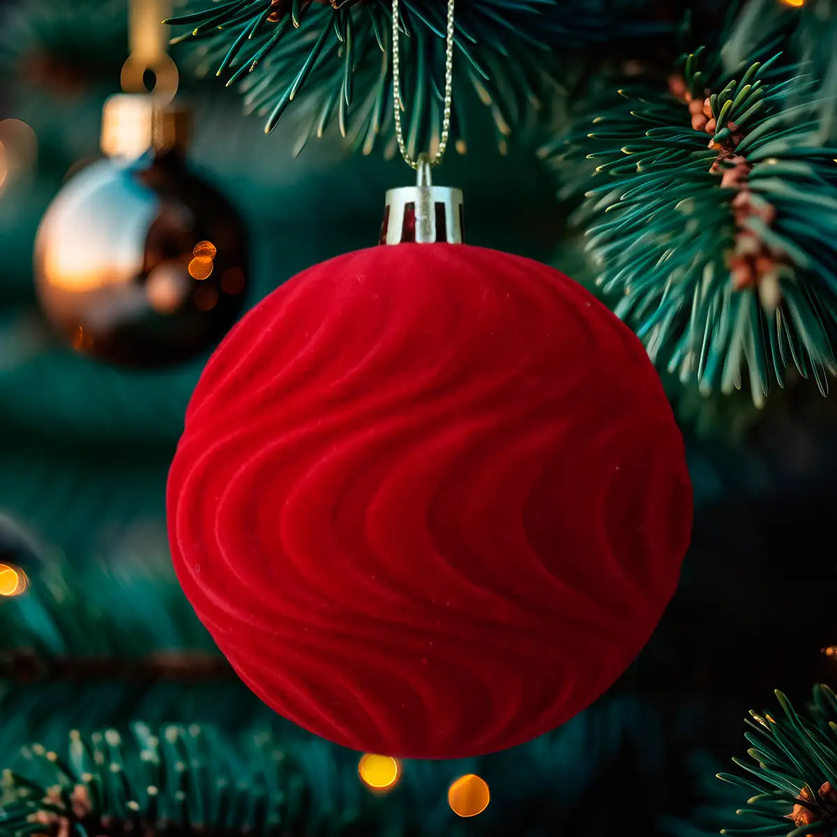 Esferas Navideñas, Gamuza, Color Rojo, 2 pzas