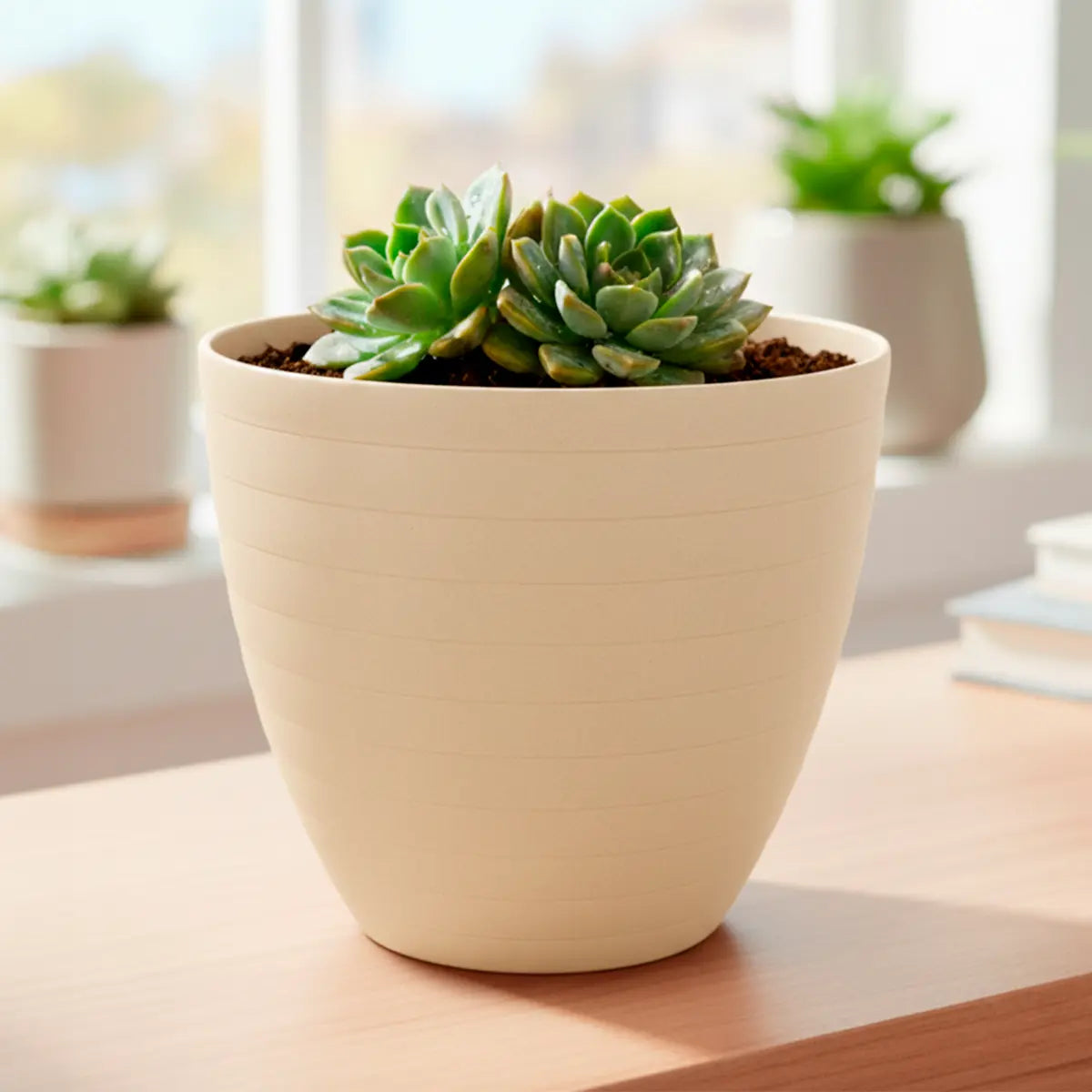 Maceta de Plástico, Textura Líneas, Color Crema